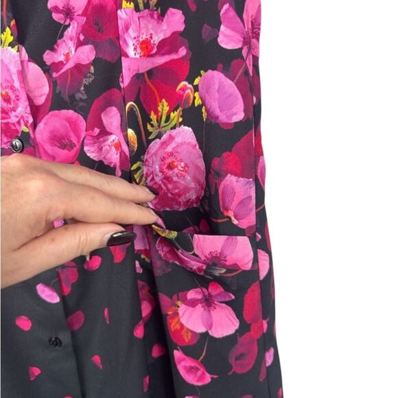 Samuel Dong Floral midi dress open shoulder ruffle sleeves black and pink - Picture 5 of 9